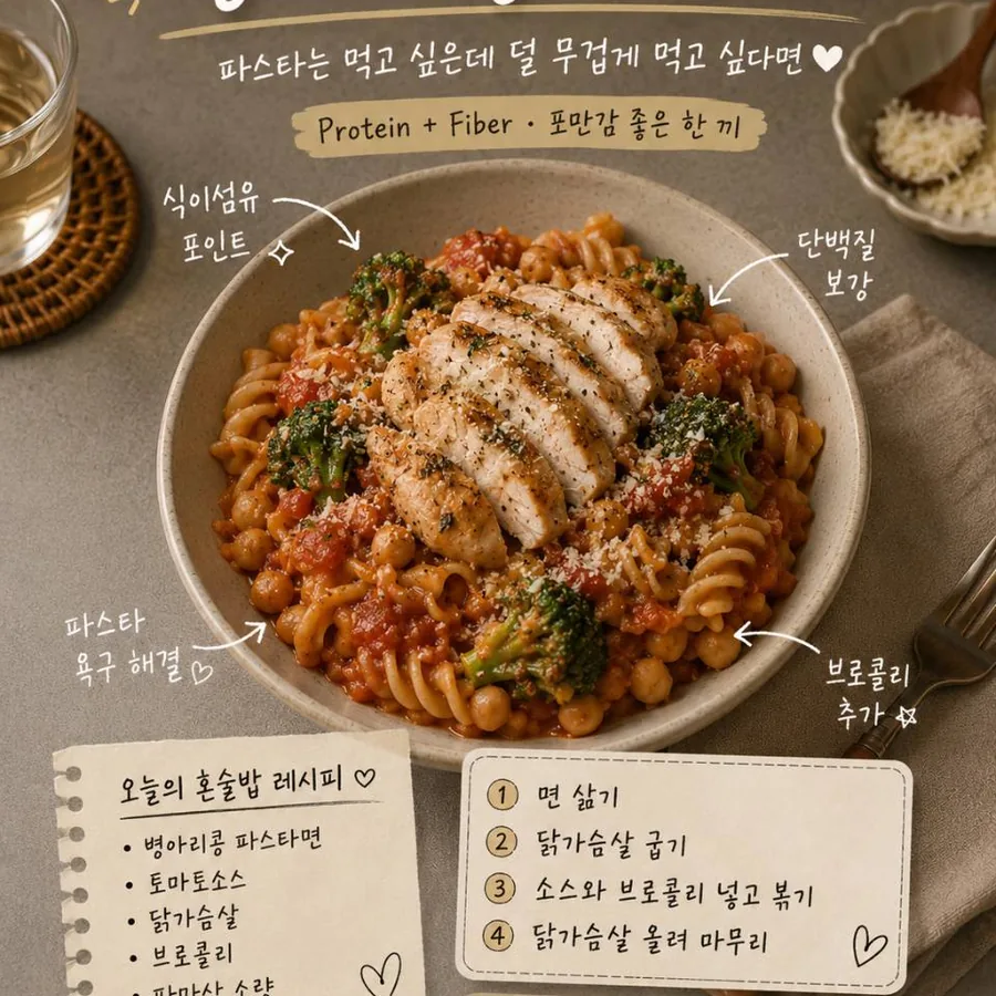 병아리콩 닭가슴살 파스타 - 파스타는 먹고 싶은데 덜 무겁게 먹고 싶다면
